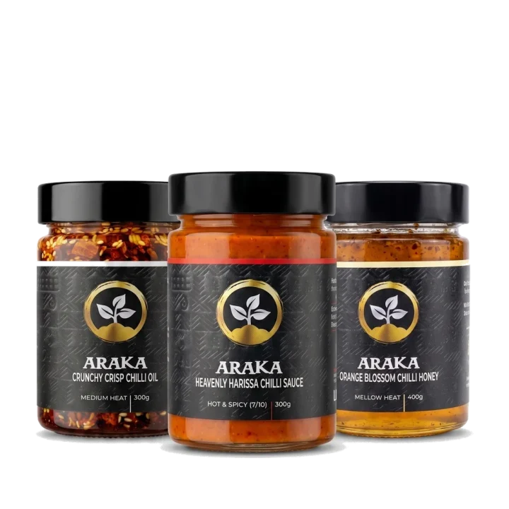 Araka Three Chilli Combo with Crunchy Crisp Chilli Oil, Heavenly Harissa Chilli Sauce and Orange Blossom Chilli Honey