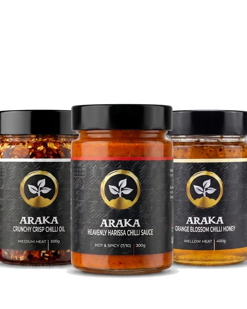 Araka Three Chilli Combo with Crunchy Crisp Chilli Oil, Heavenly Harissa Chilli Sauce and Orange Blossom Chilli Honey
